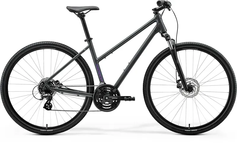 Merida Crossway 10 Women's Hybrid Bike in Glossy Cool Grey/Purple